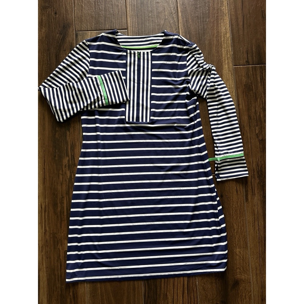 IBKUL Womens Navy White Striped Long Sleeve Sun Dress Green Trim Size L RN152356